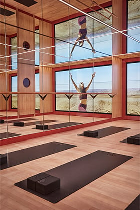 The virtual studio features wood panelled floors and floor to ceiling mirrors. Black ALO Yoga mats line the floor