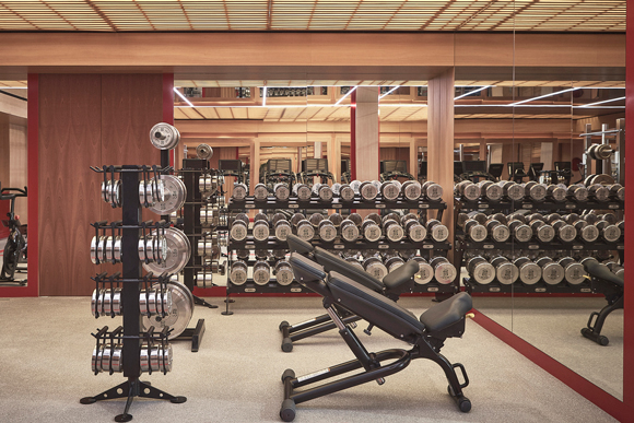 A rack of dumbbell weights with a bench in the foreground